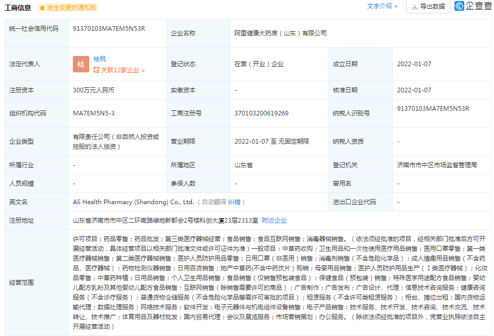 阿里健康大藥房300萬濟南設新公司，跨界布局廚具衛具引關注